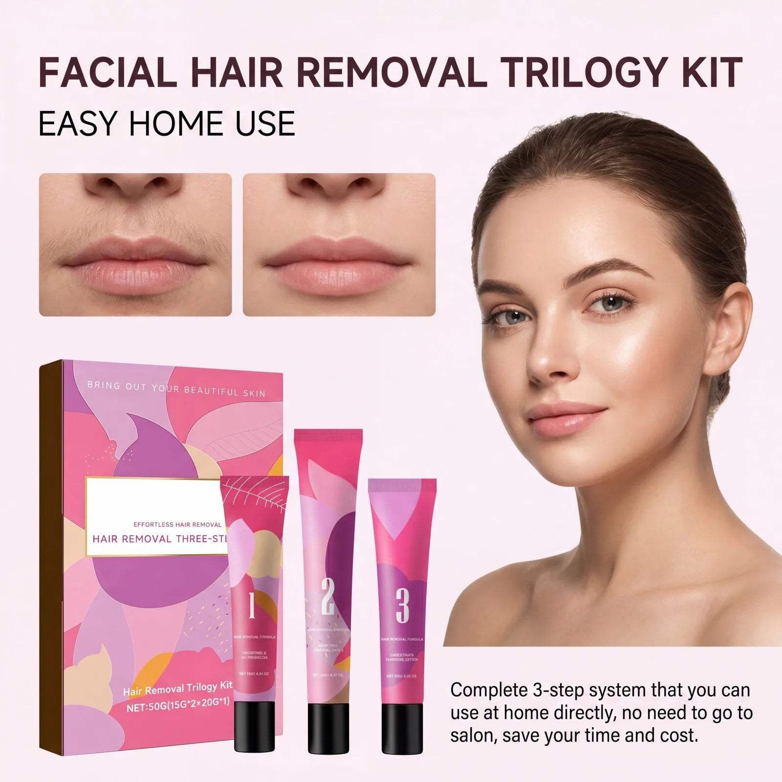 Facial Hair Removal Trilogy Kit 3-Step Softening Gel Cream Soothing Lotion Gentle Sensitive Skin Fast Acting for Sensitive Skin
