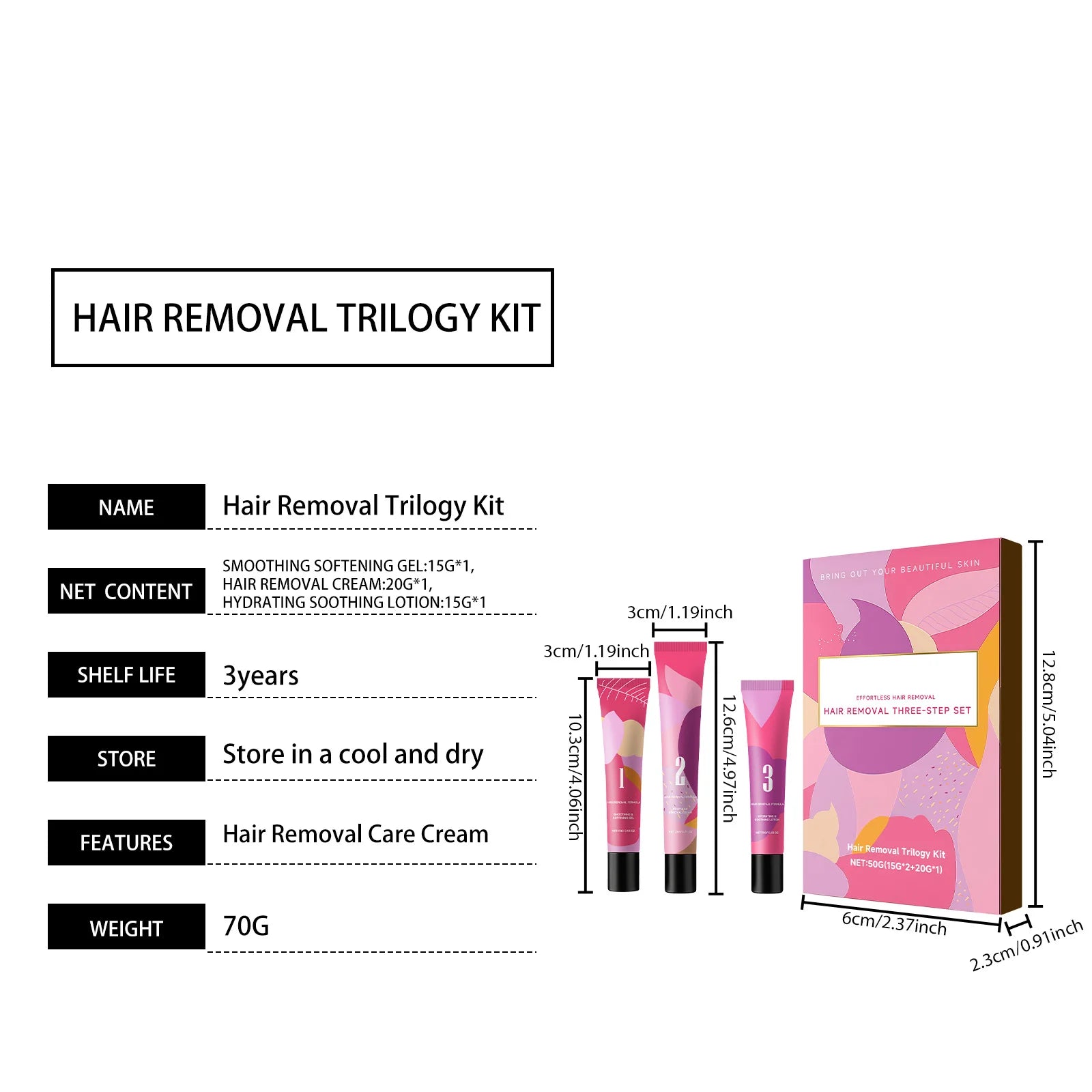 Facial Hair Removal Trilogy Kit 3-Step Softening Gel Cream Soothing Lotion Gentle Sensitive Skin Fast Acting for Sensitive Skin
